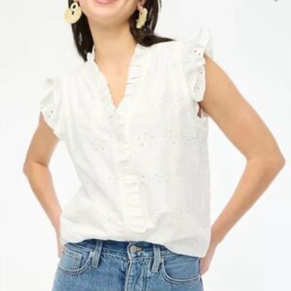 J. Crew Sleeveless Ruffle Eyelet Sleeve Blouse in White Cotton